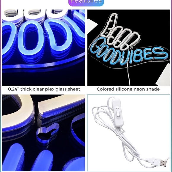 Neon Sign Good Vibes Blue White Hippie Retro 90's Party Birthday Room Light Deco - Picture 6 of 9